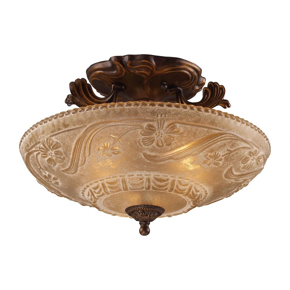 Elk Lighting-08101-AGB-Restoration - 3 Light Semi-Flush Mount in Traditional Style with Victorian and Vintage Charm inspirations - 11 Inches tall and 16 inches wide   Golden Bronze Finish with Amber G