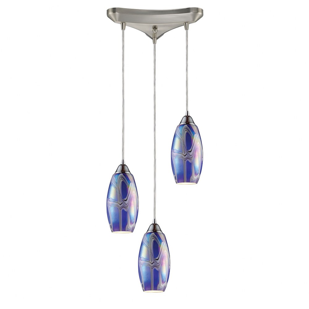 Elk Lighting-10076/3SBI-Iridescence - 3 Light Triangular Pendant in Transitional Style with Coastal/Beach and Retro inspirations - 11 Inches tall and 5 inches wide Storm Blue Satin Nickel Satin Nickel