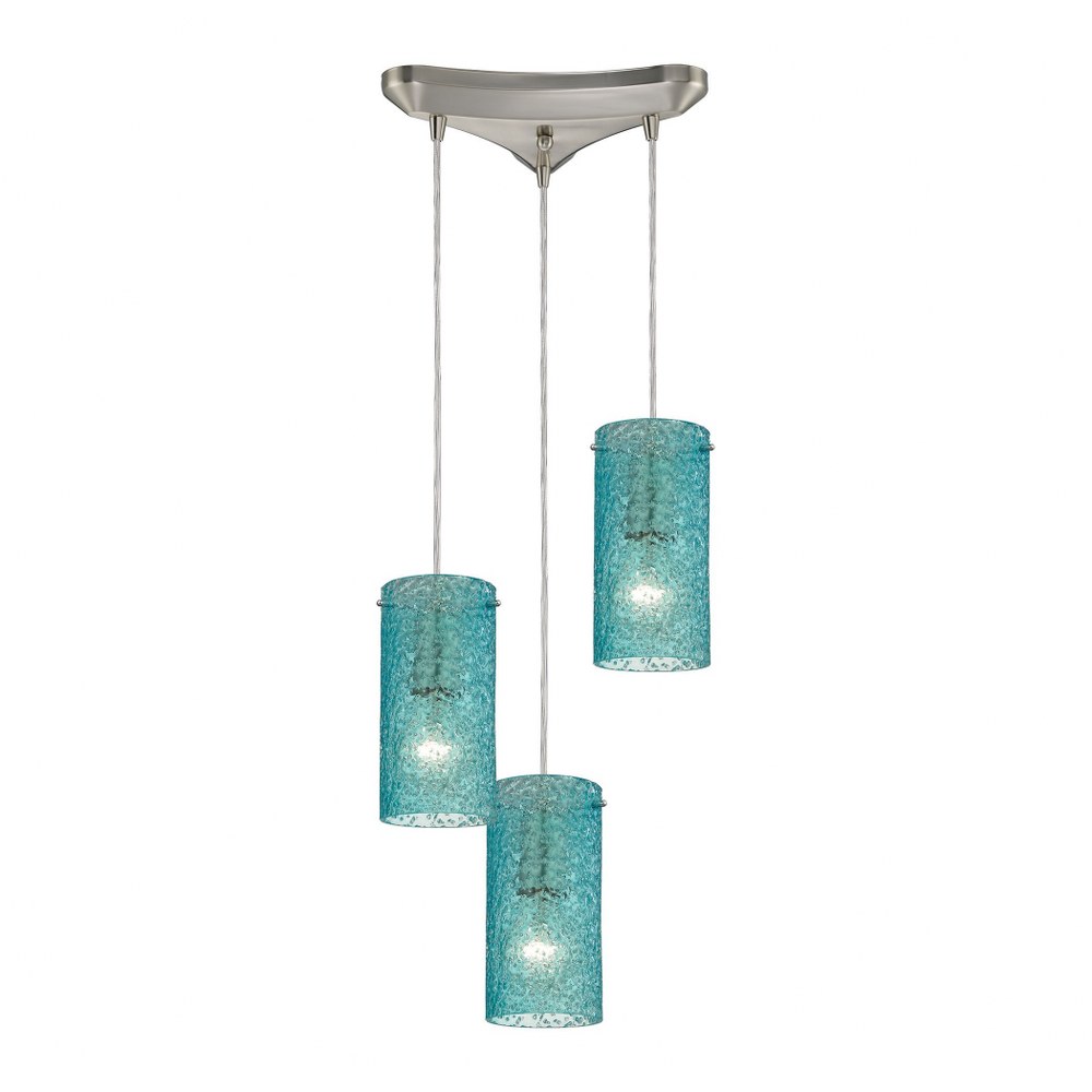 Elk Lighting-10242/3AQ-Ice Fragments - 3 Light Triangular Pendant in Transitional Style with Coastal/Beach and Eclectic inspirations - 8 Inches tall and 10 inches wide   Satin Nickel Finish with Aqua 