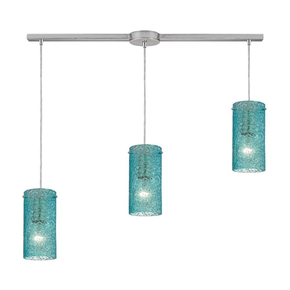 Elk Lighting-10242/3L-AQ-Ice Fragments - 3 Light Linear Pendant in Transitional Style with Coastal/Beach and Eclectic inspirations - 8 Inches tall and 5 inches wide   Satin Nickel Finish with Aqua Gla