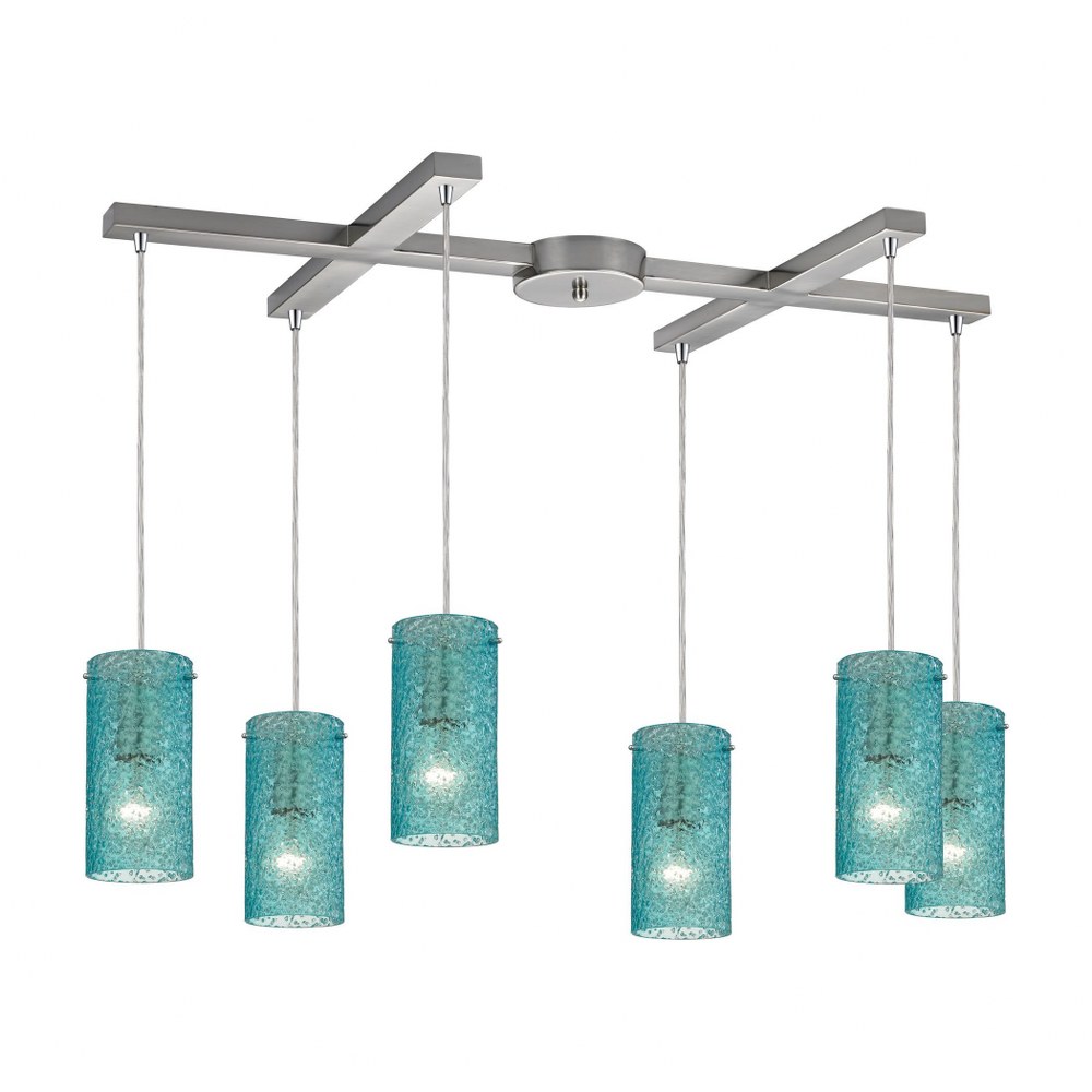 Elk Lighting-10242/6AQ-Ice Fragments - 6 Light H-Bar Pendant in Transitional Style with Coastal/Beach and Eclectic inspirations - 8 Inches tall and 17 inches wide   Satin Nickel Finish with Aqua Glass