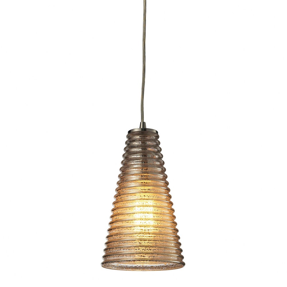 Elk Lighting-10333/1-Ribbed Glass - 1 Light Mini Pendant in Transitional Style with Country/Cottage and Retro inspirations - 10 Inches tall and 6 inches wide   Satin Nickel Finish with Amber Ribbed Gl