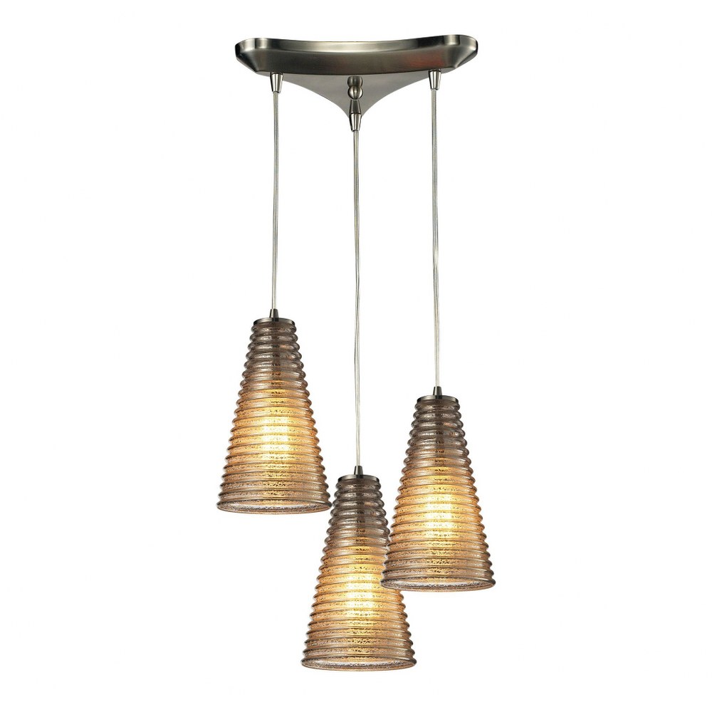 Elk Lighting-10333/3-Ribbed Glass - 3 Light Linear Pendant in Transitional Style with Country/Cottage and Retro inspirations - 10 Inches tall and 5 inches wide   Satin Nickel Finish with Amber Ribbed 