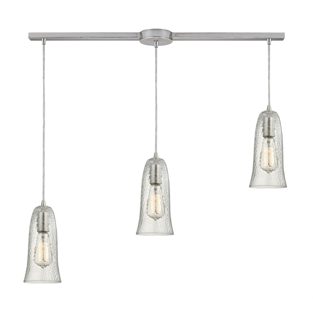 Elk Lighting-10431/3L-CLR-Hammered Glass - 3 Light Linear Pendant in Transitional Style with Vintage Charm and Southwestern inspirations - 10 Inches tall and 5 inches wide   Satin Nickel Finish with H