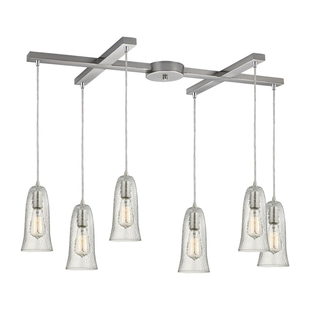 Elk Lighting-10431/6CLR-Hammered Glass - 6 Light H-Bar Pendant in Transitional Style with Vintage Charm and Southwestern inspirations - 10 Inches tall and 17 inches wide   Satin Nickel Finish with Ham