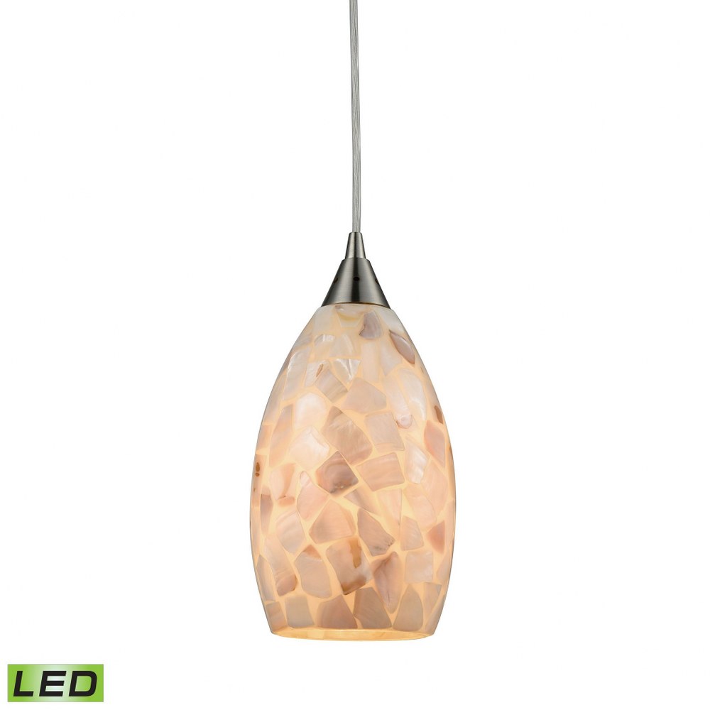 Elk Lighting-10443/1-LED-Capri - 1 Light Mini Pendant in Transitional Style with Coastal/Beach and Boho inspirations - 11 Inches tall and 6 inches wide LED  Satin Nickel Finish with Capiz Shell Glass