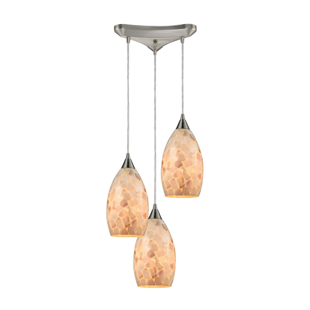 Elk Lighting-10443/3-Capri - 3 Light Triangular Pendant in Transitional Style with Coastal/Beach and Boho inspirations - 9 Inches tall and 11 inches wide Amber  Satin Nickel Finish with Grey Capiz She