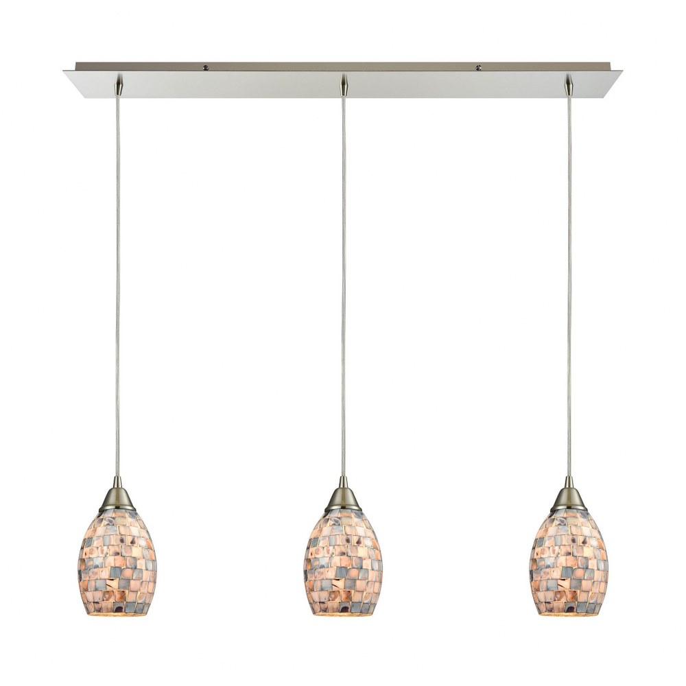 Elk Lighting-10444/3LP-Capri - 3 Light Linear Mini Pendant in Transitional Style with Coastal/Beach and Boho inspirations - 9 Inches tall and 36 inches wide Grey  Satin Nickel Finish with Grey Capiz S