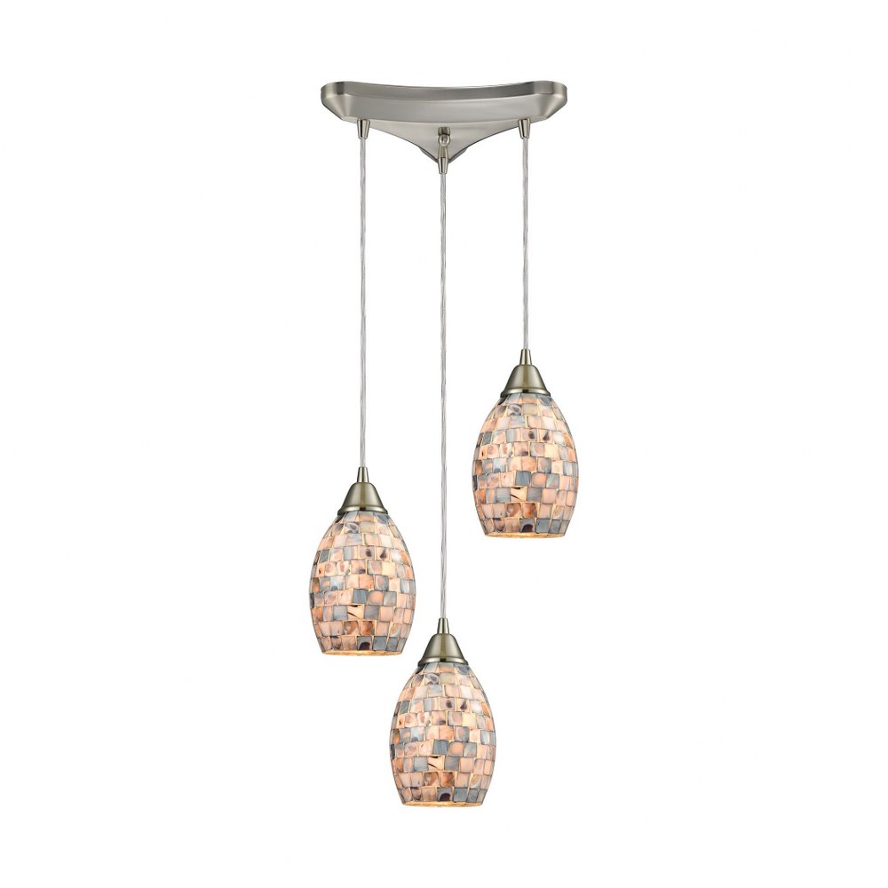 Elk Lighting-10444/3-Capri - 3 Light Triangular Pendant in Transitional Style with Coastal/Beach and Boho inspirations - 9 Inches tall and 11 inches wide Grey  Satin Nickel Finish with Grey Capiz Shel