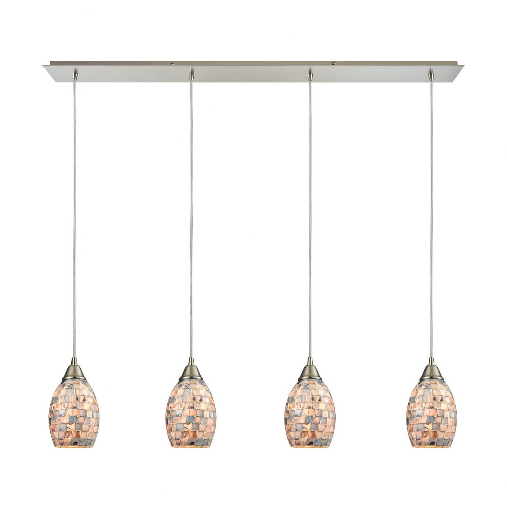 Elk Lighting-10444/4LP-Capri - 4 Light Linear Pendant in Transitional Style with Coastal/Beach and Boho inspirations - 9 Inches tall and 46 inches wide Grey  Satin Nickel Finish with Grey Capiz Shells