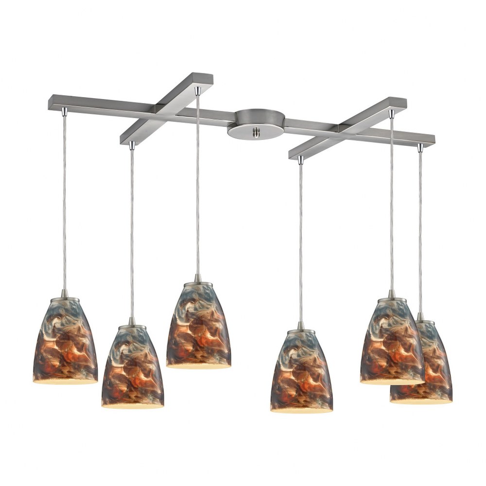 Elk Lighting-10460/6CS-Abstractions - 6 Light H-Bar Pendant in Transitional Style with Boho and Eclectic inspirations - 7 Inches tall and 17 inches wide   Satin Nickel Finish with Cosmic Storm Glass