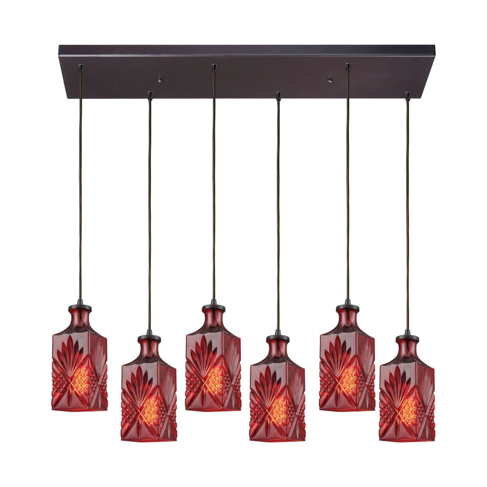 Elk Lighting-10810/6RC-Giovanna - Six Light Rectangular Pendant Oil Rubbed Bronze Finish with Wine Red Decanter Glass