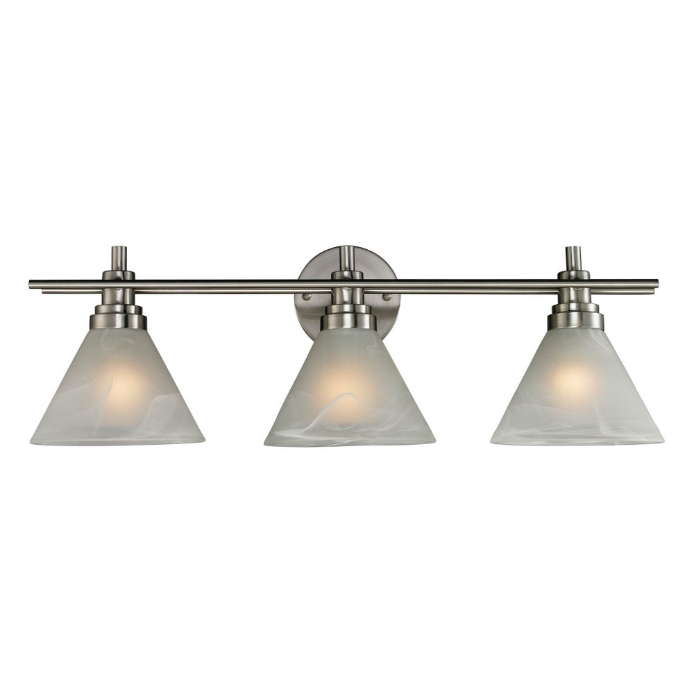 Elk Lighting-11402/3-Pemberton - 3 Light Bath Vanity in Transitional Style with Art Deco and Mission inspirations - 9 Inches tall and 26 inches wide   Brushed Nickel Finish with White Marbleized Glass