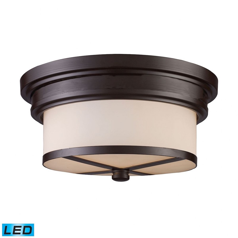 Elk Lighting-15025/2-LED-13 19W 2 LED Flush Mount in Transitional Style with Art Deco and Modern Farmhouse inspirations - 6 Inches tall and 13 inches wide   Oiled Bronze Finish with Off-White Glass