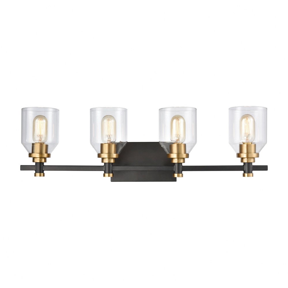 Elk Lighting-15403/4-Cambria - 4 Light Bath Vanity in Transitional Style with Urban/Industrial and Art Deco inspirations - 9 Inches tall and 28 inches wide   Matte Black/Satin Brass Finish with Clear 