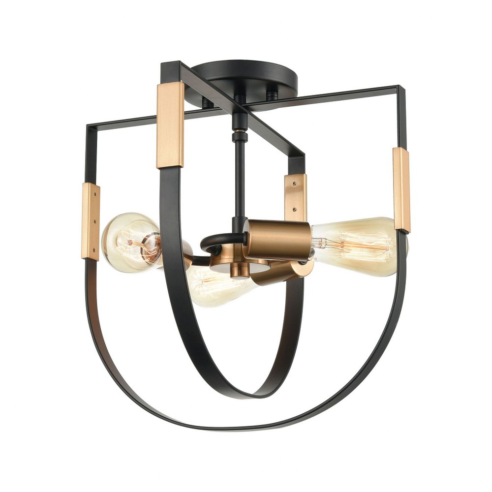 Elk Lighting-15454/3-Heathrow - 3 Light Semi-Flush Mount in Transitional Style with Luxe/Glam and Art Deco inspirations - 14 Inches tall and 14 inches wide   Matte Black/Satin Brass Finish