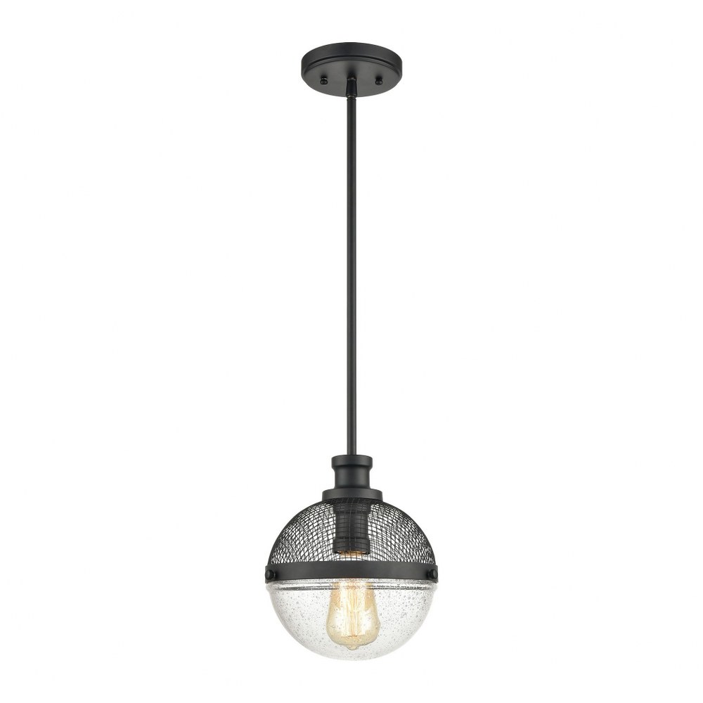 Elk Lighting-15565/1-Calabria - 1 Light Mini Pendant in Transitional Style with Urban/Industrial and Retro inspirations - 11 Inches tall and 9 inches wide   Matte Black Finish with Seedy Glass with Ma