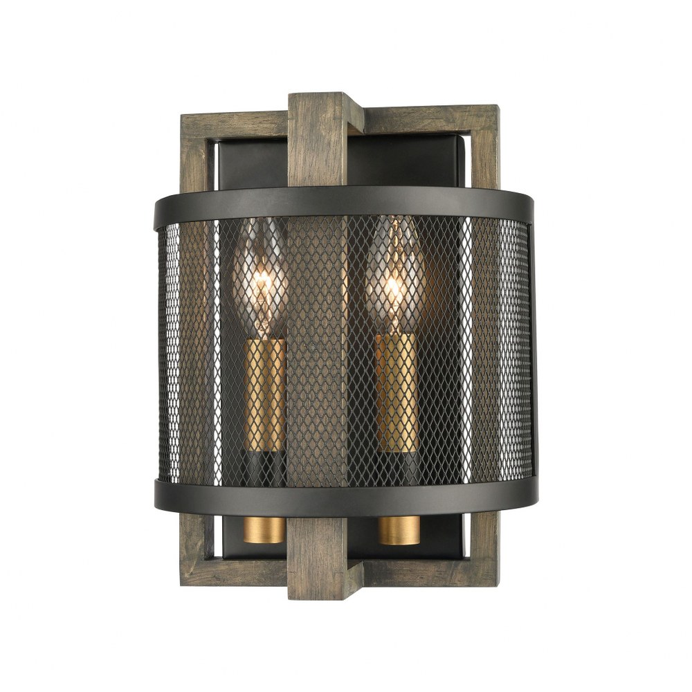 Elk Lighting-16541/2-Woodbridge - 2 Light Wall Sconce in Transitional Style with Modern Farmhouse and Country/Cottage inspirations - 10 Inches tall and 8 inches wide   Matte Black/Weathered Oak/Aged B