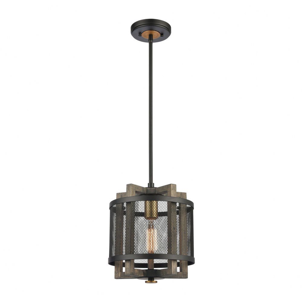 Elk Lighting-16546/1-Woodbridge - 1 Light Mini Pendant in Transitional Style with Modern Farmhouse and Country/Cottage inspirations - 12 Inches tall and 10 inches wide   Matte Black/Weathered Oak/Aged