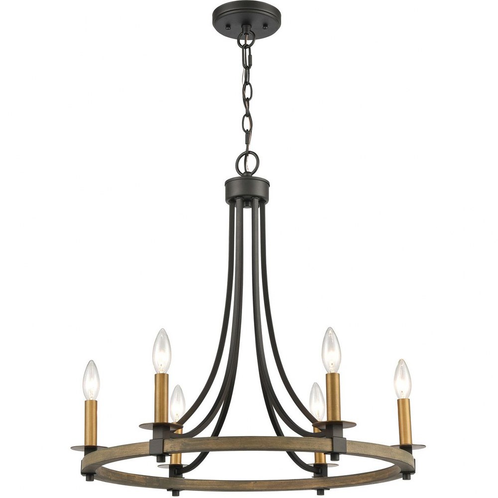 Elk Lighting-16548/6-Woodbridge - 6 Light Chandelier in Transitional Style with Modern Farmhouse and Country/Cottage inspirations - 24 Inches tall and 24 inches wide   Matte Black/Weathered Oak/Aged B