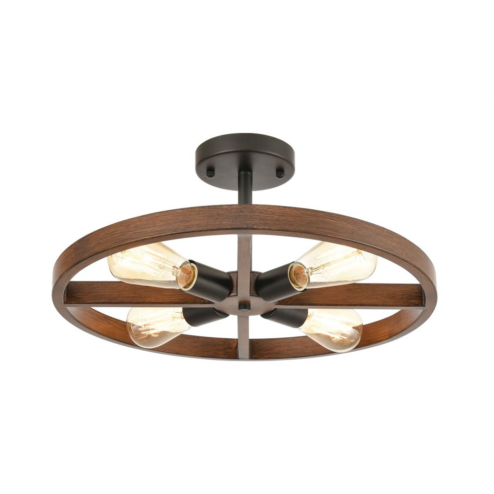 Elk Lighting-18384/4-Wheeling - 4 Light Semi-Flush Mount in Transitional Style with Modern Farmhouse and Urban/Industrial inspirations - 9 Inches tall and 19 inches wide   Matte Black/Dark Oak Finish