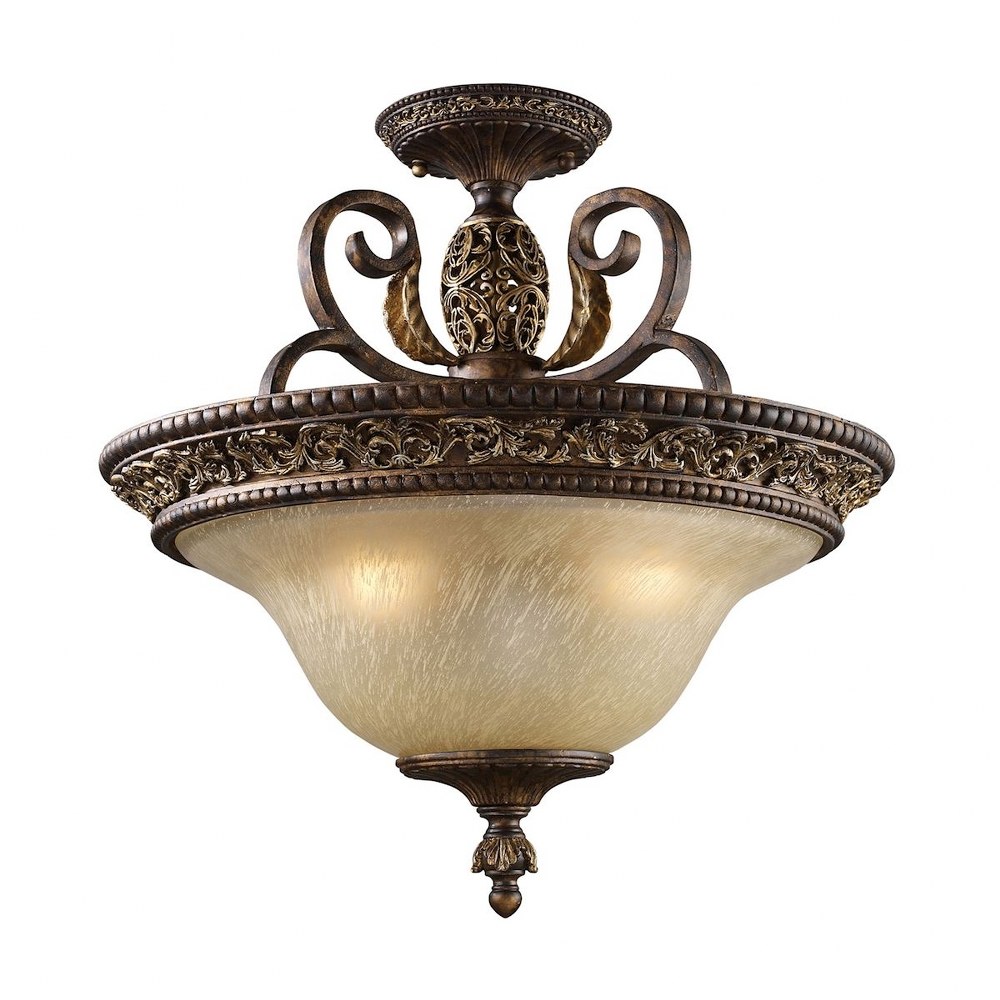 Elk Lighting-2157/3-Regency - 3 Light Semi-Flush Mount in Traditional Style with Victorian and Country/Cottage inspirations - 20 Inches tall and 19 inches wide   Burnt Bronze Finish with Off-White Gla