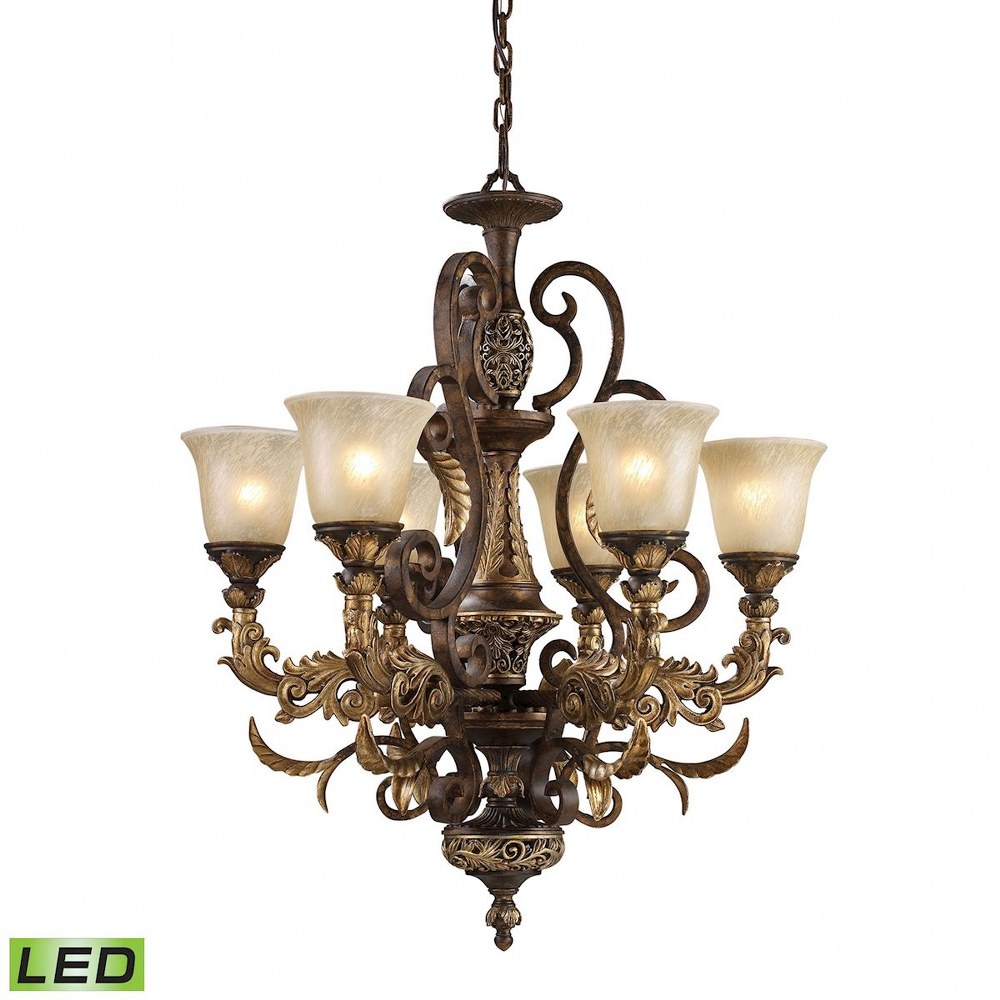 Elk Lighting-2163/6-LED-Regency - 57W 6 LED Chandelier in Traditional Style with Victorian and Country/Cottage inspirations - 33 Inches tall and 28 inches wide   Burnt Bronze Finish with Off-White Gla