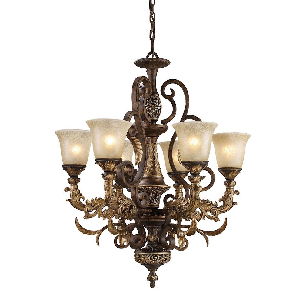 Elk Lighting-2163/6-Regency - 6 Light Chandelier in Traditional Style with Victorian and Country/Cottage inspirations - 33 Inches tall and 28 inches wide   Burnt Bronze Finish with Off-White Glass