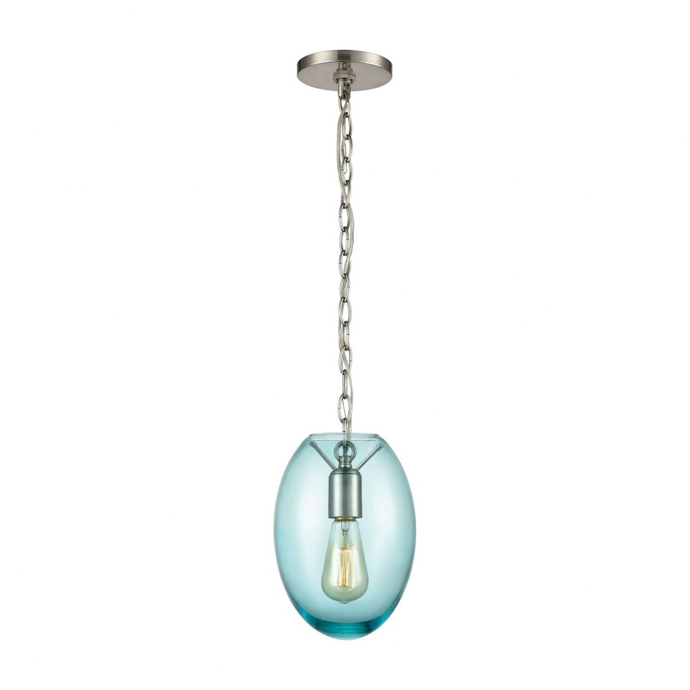 Elk Lighting-30060/1-Ellipsa - 1 Light Mini Pendant in Modern/Contemporary Style with Luxe/Glam and Retro inspirations - 10 Inches tall and 7 inches wide   Satin Nickel Finish with Light Blue Glass