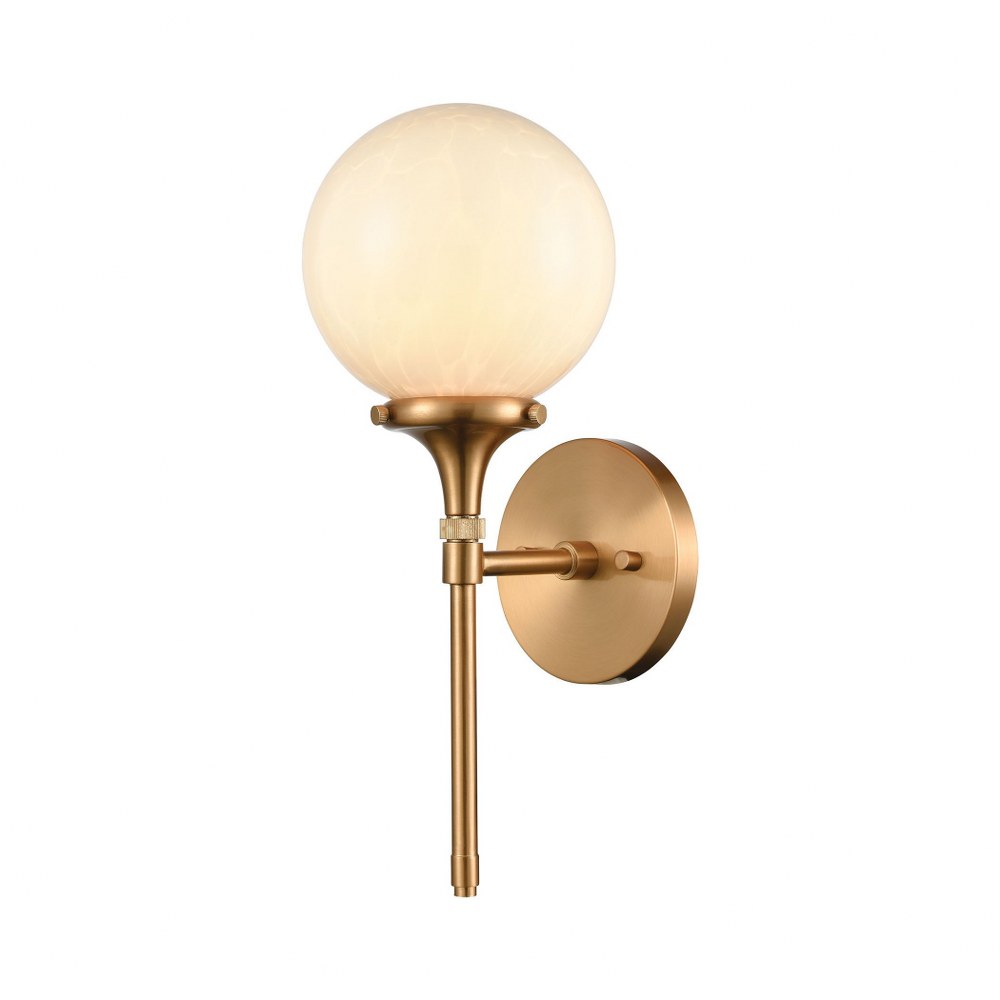 Elk Lighting-30140/1-Beverly Hills - 1 Light Wall Sconce in Transitional Style with Mid-Century and Retro inspirations - 15 Inches tall and 6 inches wide   Satin Brass Finish with White Glass