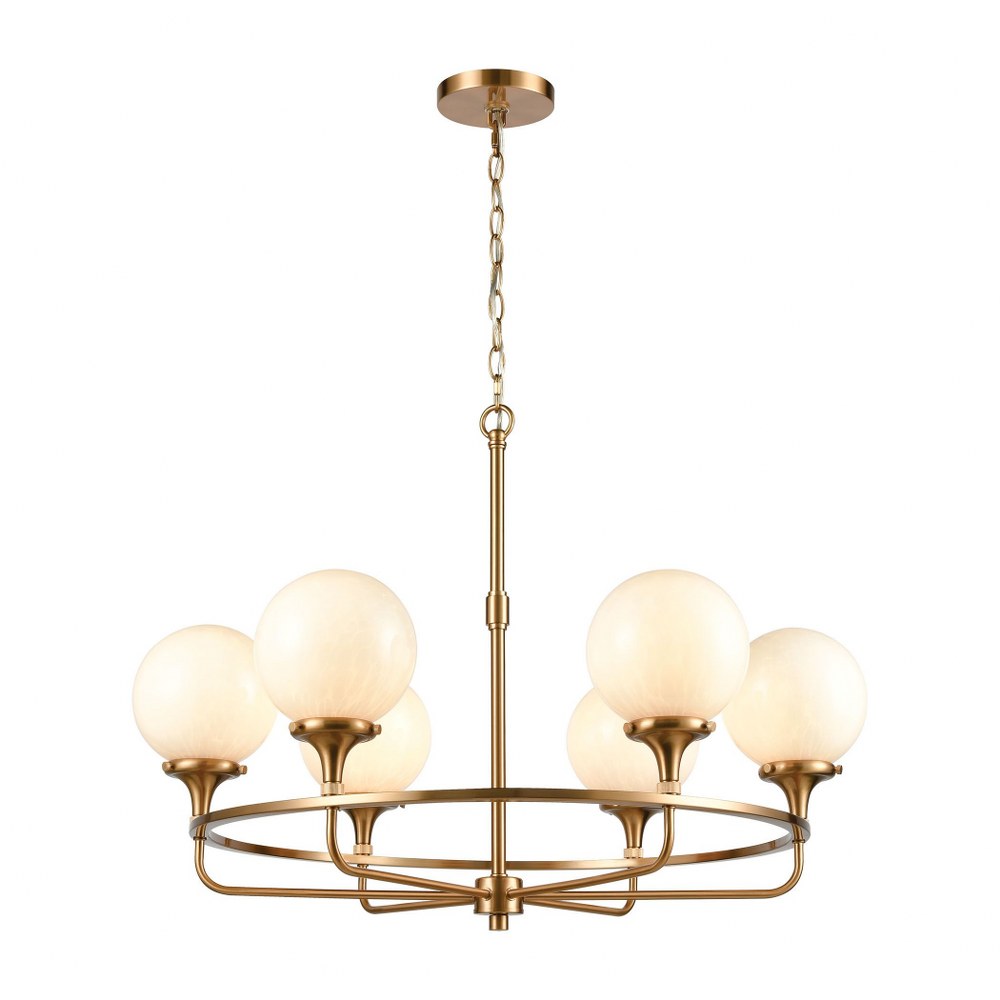 Elk Lighting-30146/6-Beverly Hills - 6 Light Chandelier in Transitional Style with Mid-Century and Retro inspirations - 22 Inches tall and 30 inches wide   Satin Brass Finish with White Glass