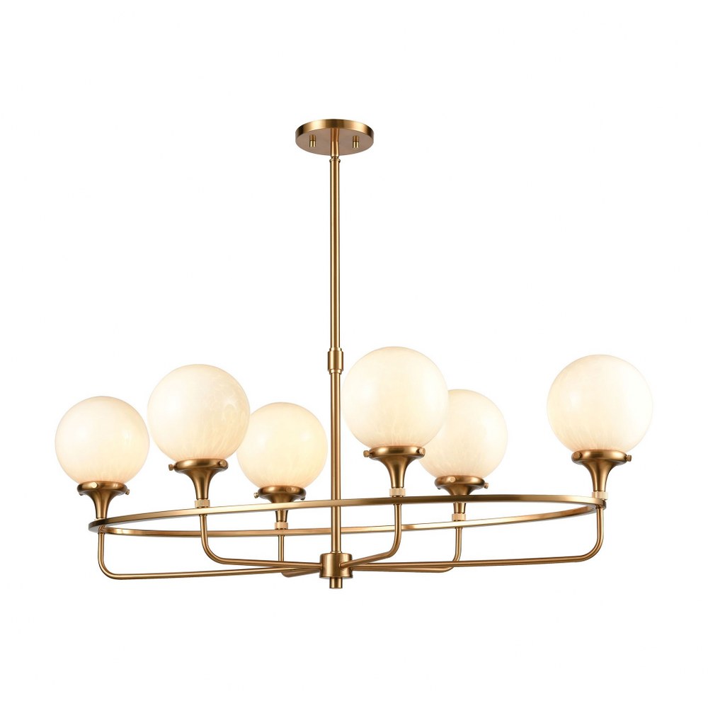 Elk Lighting-30147/6-Beverly Hills - 6 Light Island in Transitional Style with Mid-Century and Retro inspirations - 13 Inches tall and 38 inches wide   Satin Brass Finish with White Glass