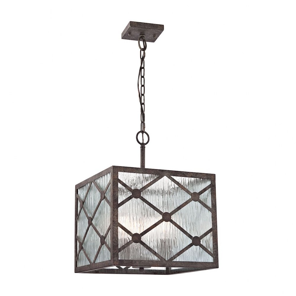 Elk Lighting-32123/3-Radley - 3 Light Pendant in Transitional Style with Asian and Country/Cottage inspirations - 19 Inches tall and 14 inches wide   Malted Rust Finish with Clear Raindrop Panels Glas