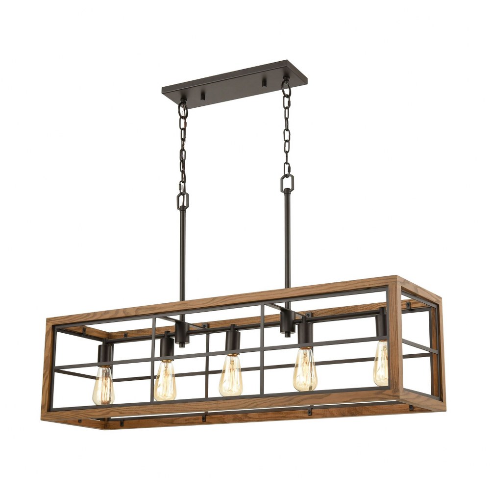 Elk Lighting-33316/5-Warehouse Window - 5 Light Island in Transitional Style with Modern Farmhouse and Urban/Industrial inspirations - 11 Inches tall and 42 inches wide   Oil Rubbed Bronze/Medium Oak 