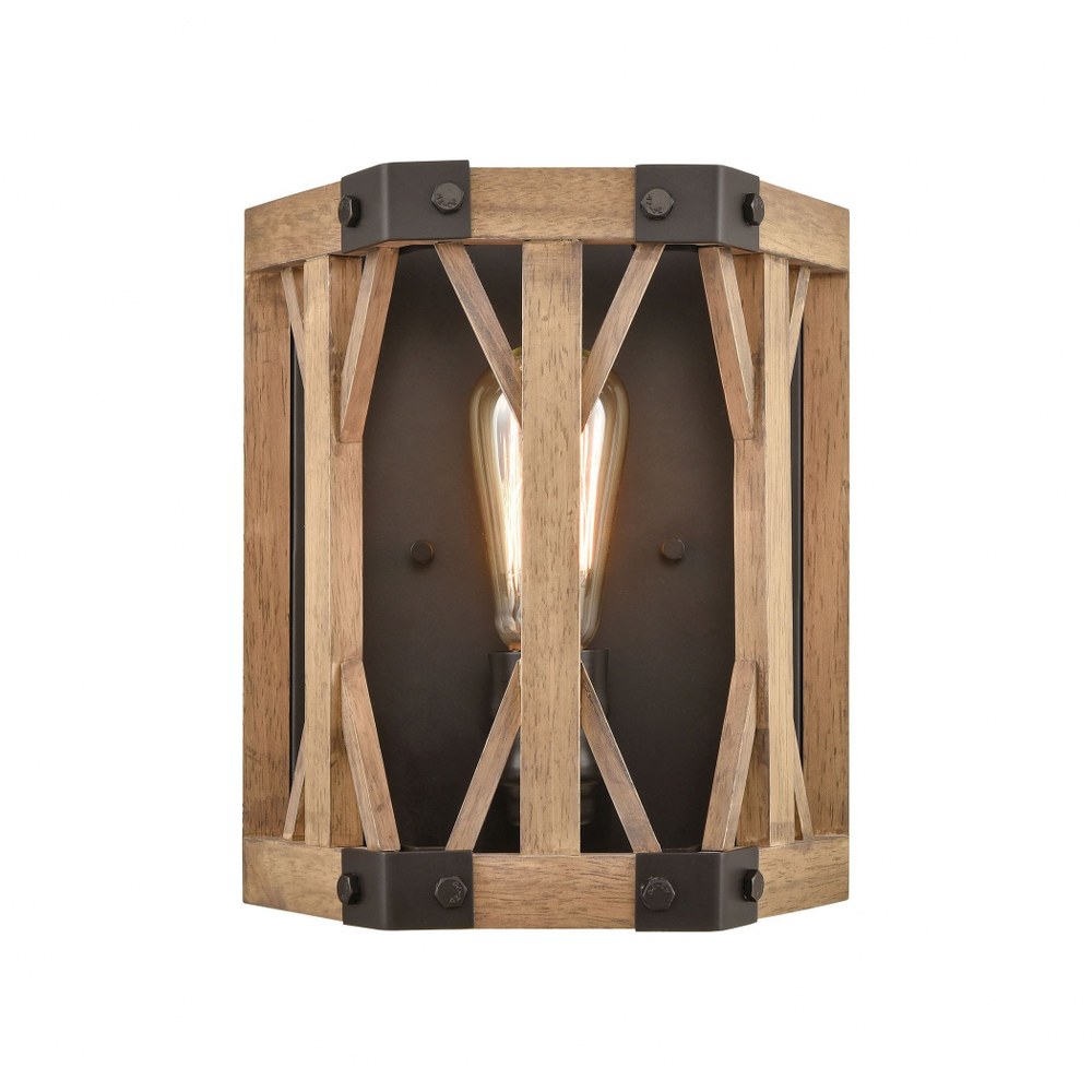 Elk Lighting-33320/1-Structure - 1 Light Wall Sconce in Traditional Style with Modern Farmhouse and Country/Cottage inspirations - 10 Inches tall and 9 inches wide   Oil Rubbed Bronze/Natural Wood Fin