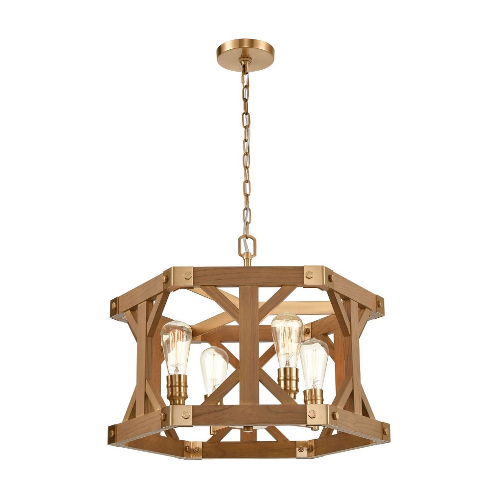 Elk Lighting-33323/4-Structure - 4 Light Chandelier in Traditional Style with Modern Farmhouse and Country/Cottage inspirations - 12 Inches tall and 23 inches wide   Satin Brass/Medium Oak Finish