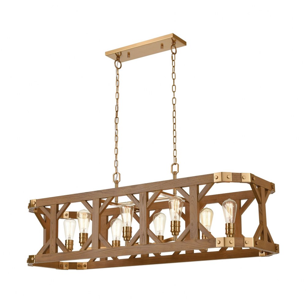 Elk Lighting-33325/8-Structure - 8 Light Island in Traditional Style with Modern Farmhouse and Country/Cottage inspirations - 12 Inches tall and 48 inches wide   Satin Brass/Medium Oak Finish