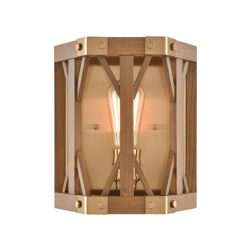 Elk Lighting-33330/1-Structure - 1 Light Wall Sconce in Traditional Style with Modern Farmhouse and Country/Cottage inspirations - 10 Inches tall and 9 inches wide   Satin Brass/Medium Oak Finish