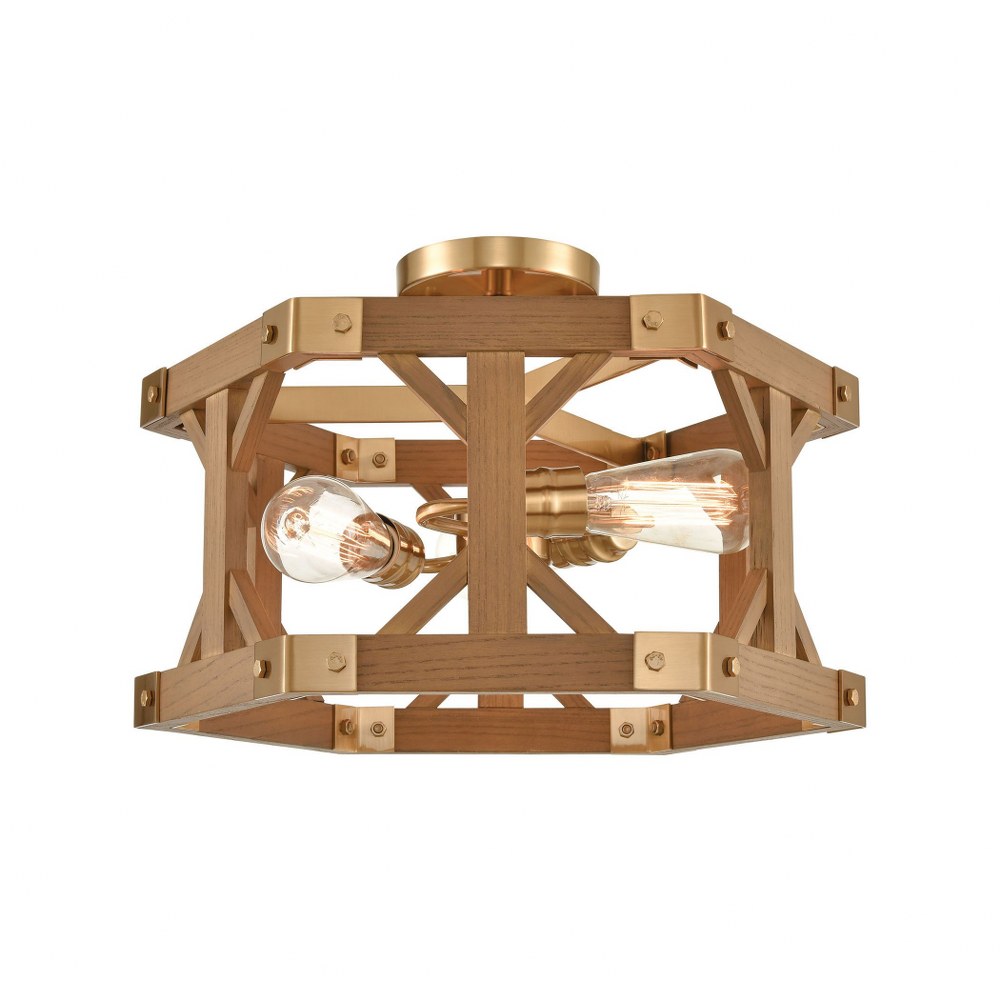 Elk Lighting-33331/3-Structure - 3 Light Semi-Flush Mount   Satin Brass/Medium Oak Finish