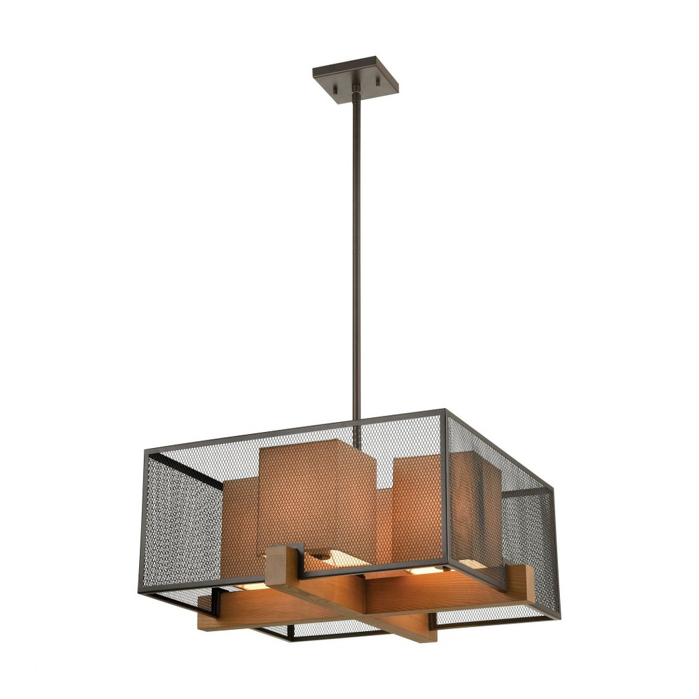 Elk Lighting-33345/4-Crossbeam - 4 Light Chandelier in Transitional Style with Modern Farmhouse and Urban/Industrial inspirations - 11 Inches tall and 25 inches wide   Oil Rubbed Bronze/Medium Oak Fin