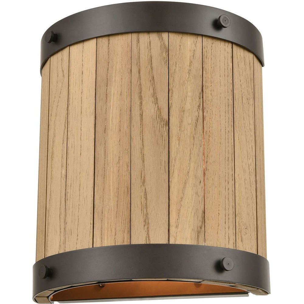 Elk Lighting-33360/2-Wooden Barrel - 2 Light Wall Sconce in Transitional Style with Modern Farmhouse and Country/Cottage inspirations - 10 Inches tall and 9 inches wide   Oil Rubbed Bronze/Natural Woo