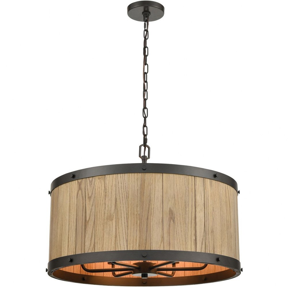 Elk Lighting-33366/6-Wooden Barrel - Six Light Chandelier 11 by 25 Oil Rubbed Bronze/Natural Wood Finish with Natural Wood Shade