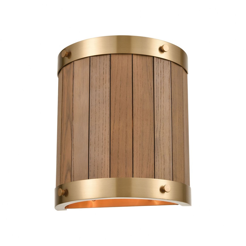 Elk Lighting-33370/2-Wooden Barrel - 2 Light Wall Sconce in Transitional Style with Modern Farmhouse and Country/Cottage inspirations - 10 Inches tall and 9 inches wide   Satin Brass/Medium Oak Finish