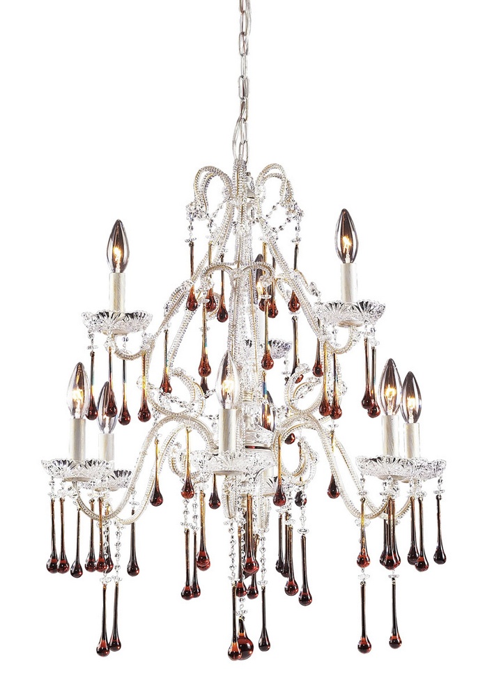 Elk Lighting-4003/6+3AMB-Opulence - 9 Light Chandelier in Traditional Style with Shabby Chic and Vintage Charm inspirations - 28 Inches tall and 25 inches wide Amber Crystal  Antique White Finish with Amber Crystal