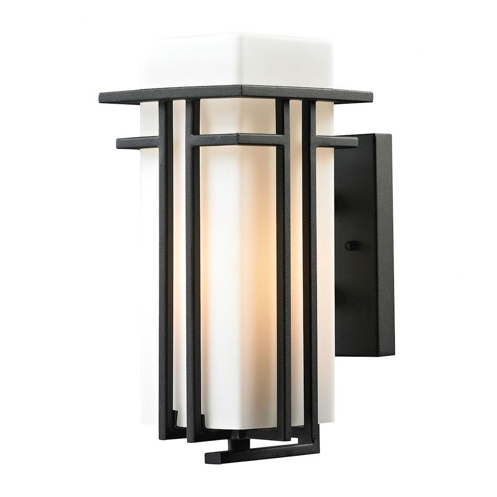 Elk Lighting-45085/1-Croftwell - 1 Light Outdoor Wall Lantern in Transitional Style with Mission and Art Deco inspirations - 12 Inches tall and 6 inches wide   Textured Matte Black Finish with White G