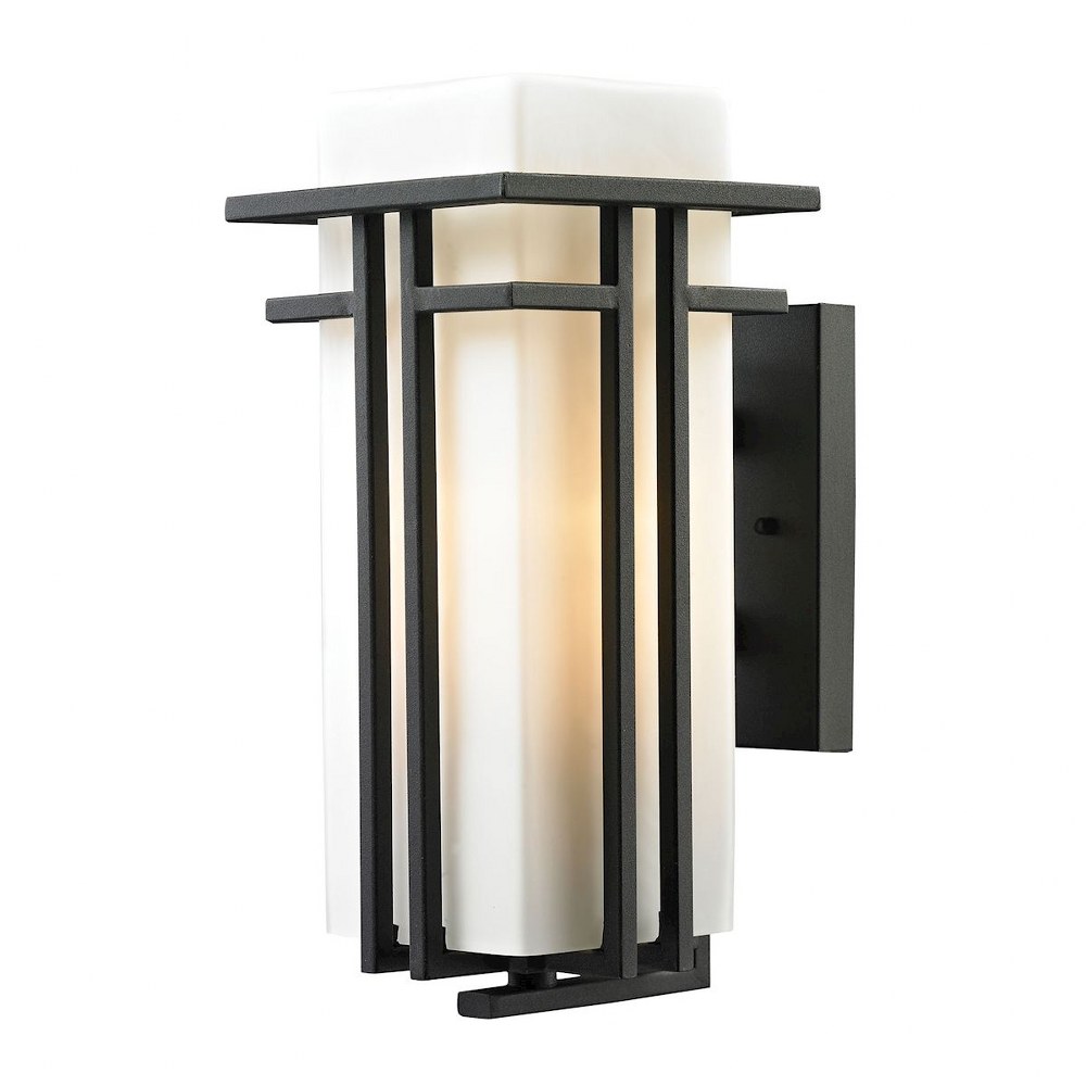 Elk Lighting-45086/1-Croftwell - 1 Light Outdoor Wall Lantern in Transitional Style with Mission and Art Deco inspirations - 15 Inches tall and 7 inches wide   Textured Matte Black Finish with White G