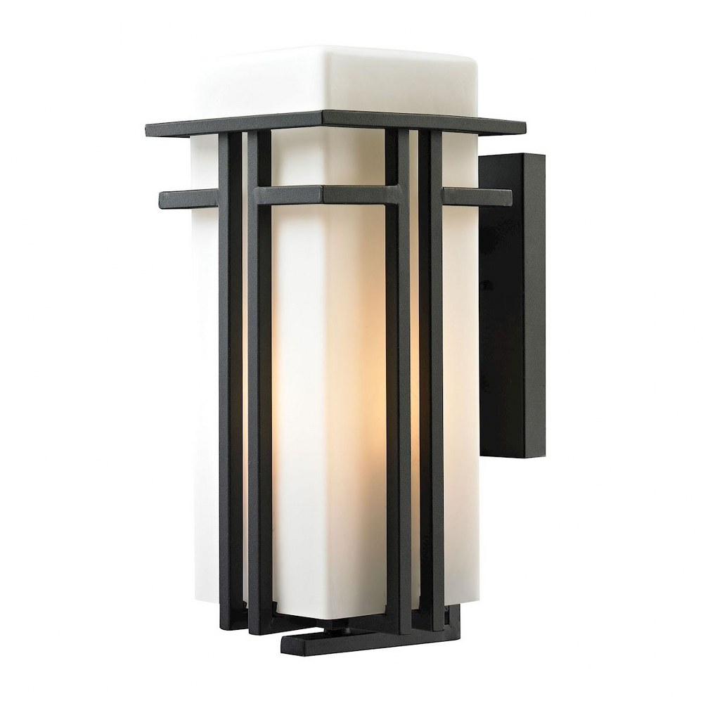 Elk Lighting-45087/1-Croftwell - 1 Light Outdoor Wall Lantern in Transitional Style with Mission and Art Deco inspirations - 17 Inches tall and 8 inches wide   Textured Matte Black Finish with White G