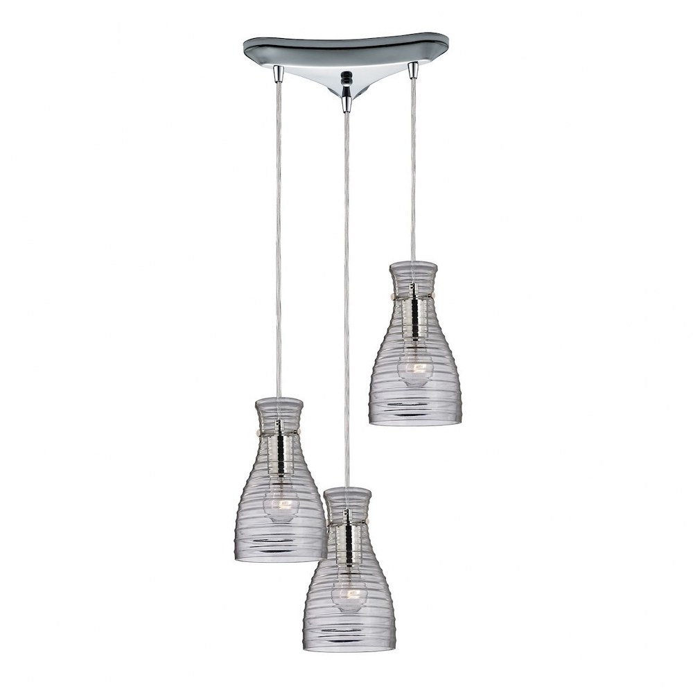 Elk Lighting-46107/3-Strata - 3 Light Triangular Pendant in Transitional Style with Art Deco and Retro inspirations - 10 Inches tall and 10 inches wide   Polished Chrome Finish with Ribbed Blown Glass