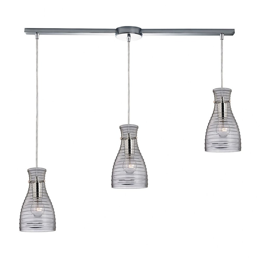 Elk Lighting-46107/3L-Strata - 3 Light Linear Pendant in Transitional Style with Art Deco and Retro inspirations - 10 Inches tall and 5 inches wide   Polished Chrome Finish with Ribbed Blown Glass