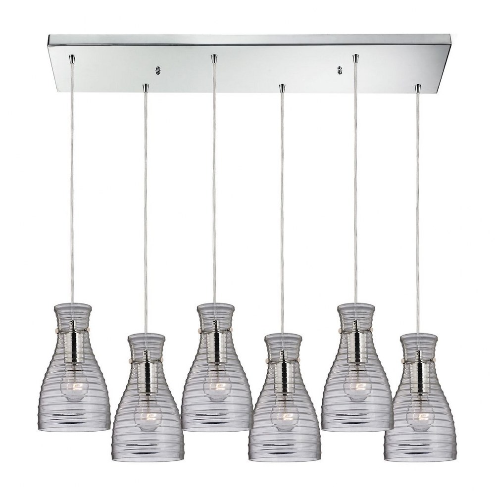 Elk Lighting-46107/6RC-Strata - 6 Light Rectangular Pendant in Transitional Style with Art Deco and Retro inspirations - 10 Inches tall and 9 inches wide   Polished Chrome Finish with Ribbed Blown Gla